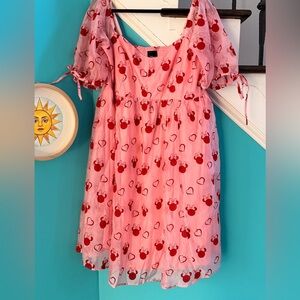 Disney Pink Puff Sleeve Dress with Red Minnie Mouse and Heart Pattern